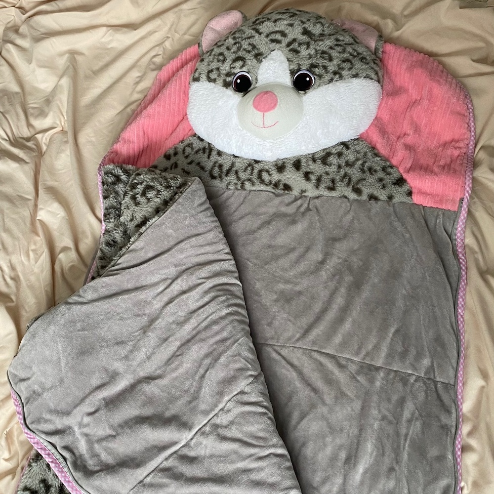 Hugfun Slumber Bag Leopard Kitty Cat Sleeping Bag Child Kids Pink Gray